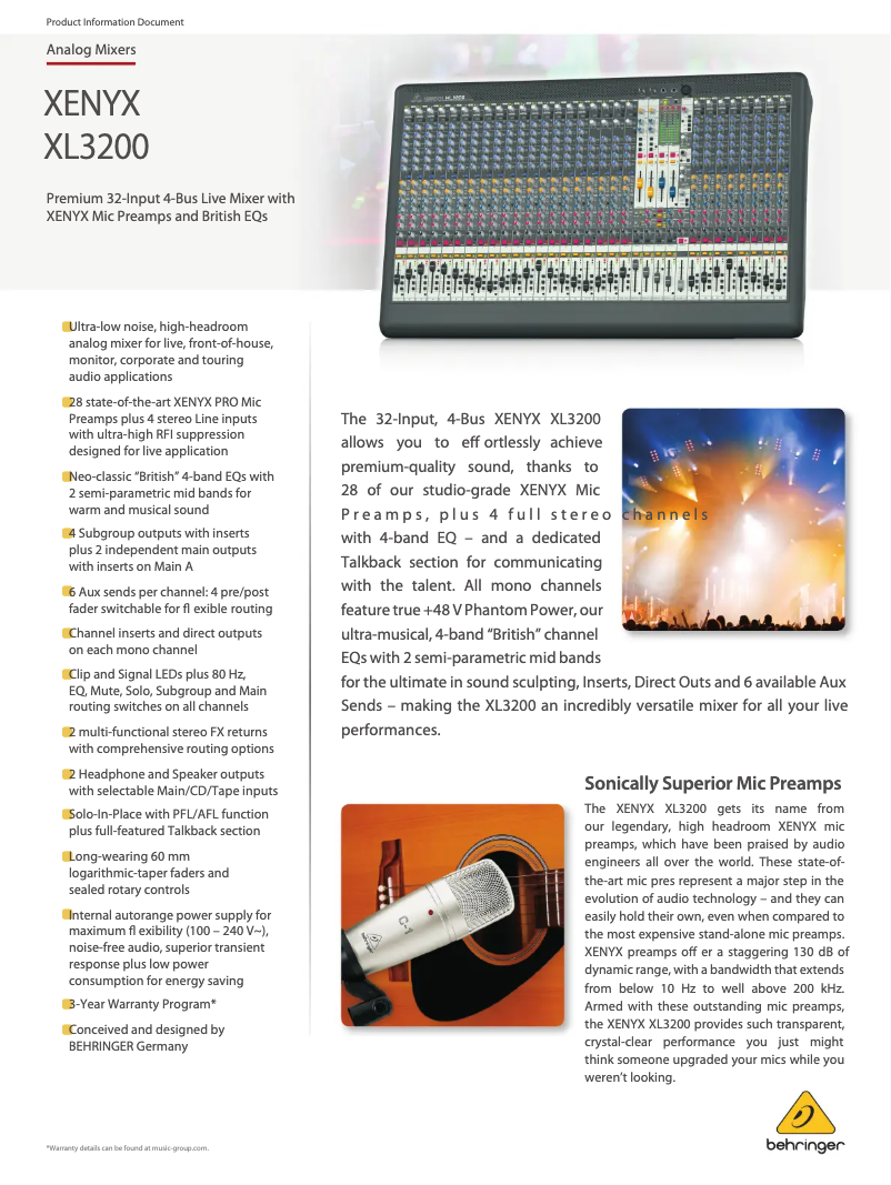 Page 1 de la notice Fiche technique Behringer XL3200