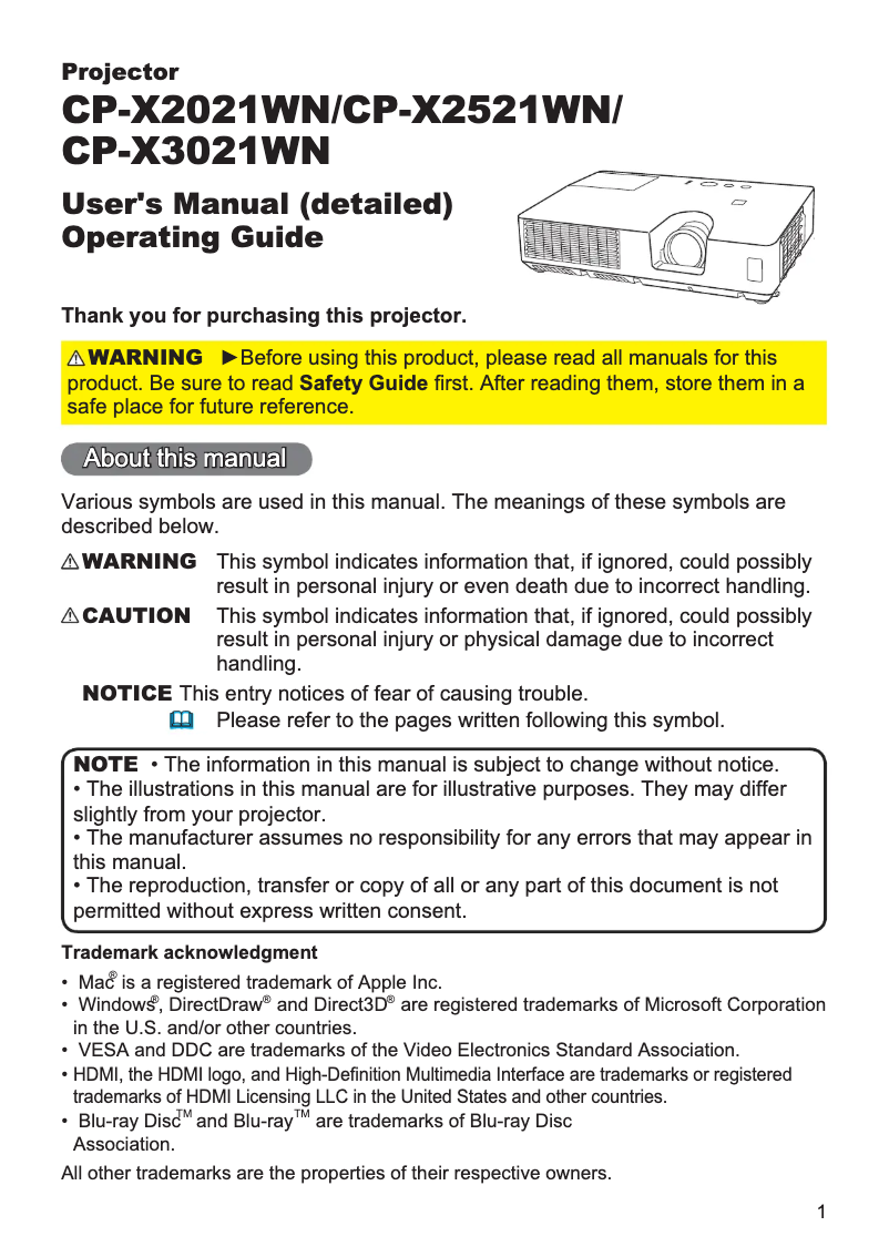 Page 1 de la notice Manuel utilisateur Hitachi CP-X2521WNEF