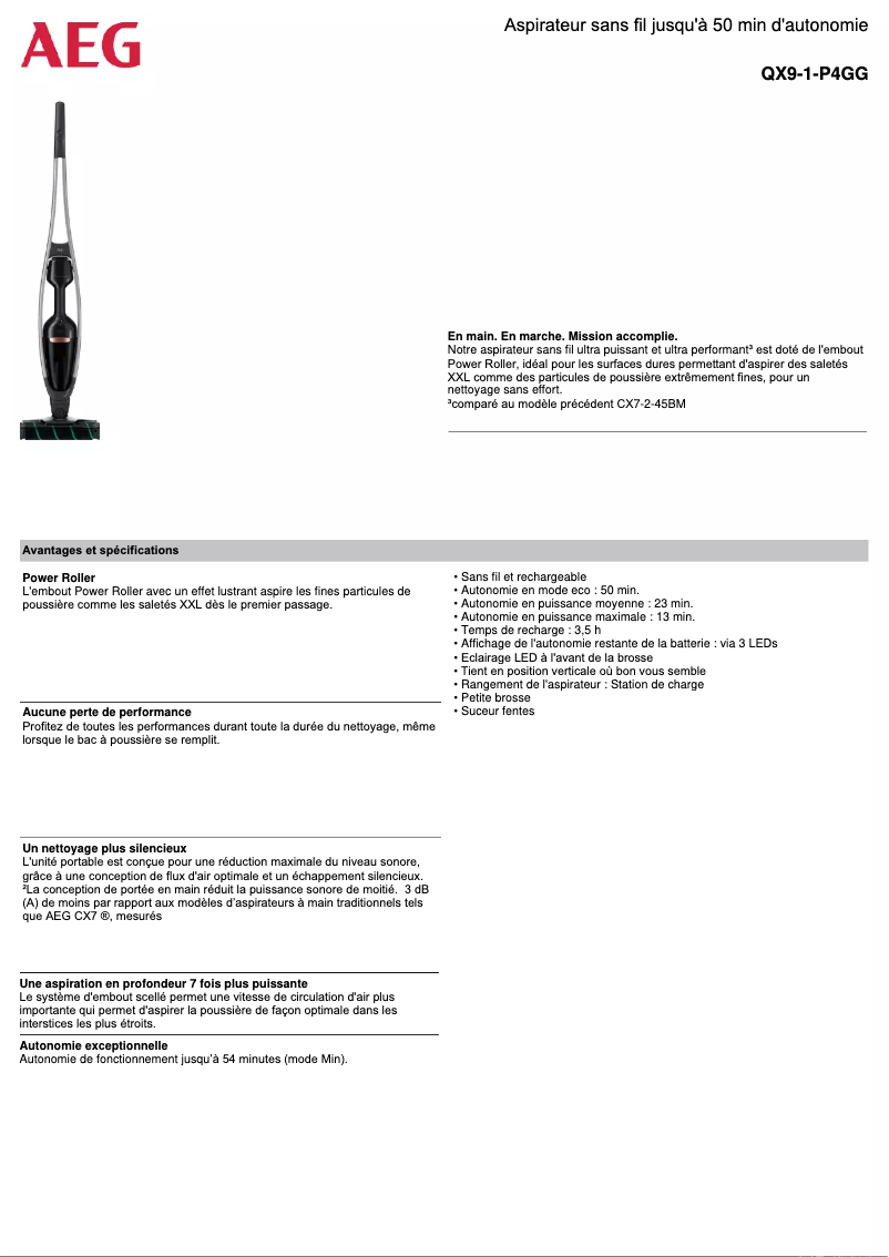 Page 1 de la notice Fiche technique AEG QX9 Flexibility