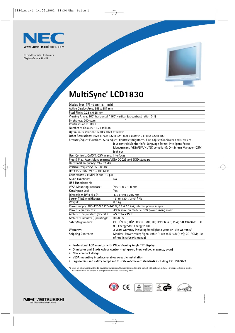Page 1 de la notice Fiche technique NEC MultiSync LCD1830