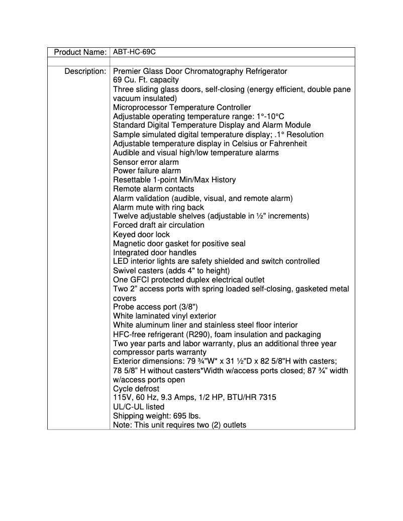 Page 1 de la notice Fiche technique American BioTech Supply ABT-HC-69C