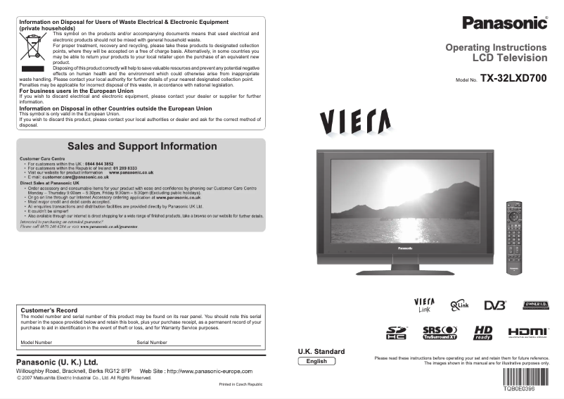 Page 1 de la notice Manuel utilisateur Panasonic Viera TX-32LXD700