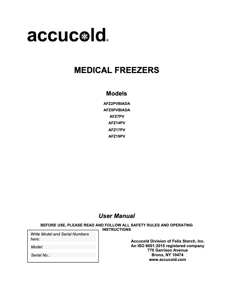 Page n°1 - Manuel utilisateur Accucold AFZ5PVBIADADL2B