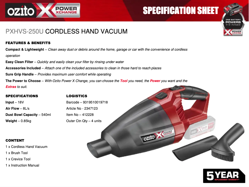 Page 1 de la notice Fiche technique Ozito PXHVS-250U