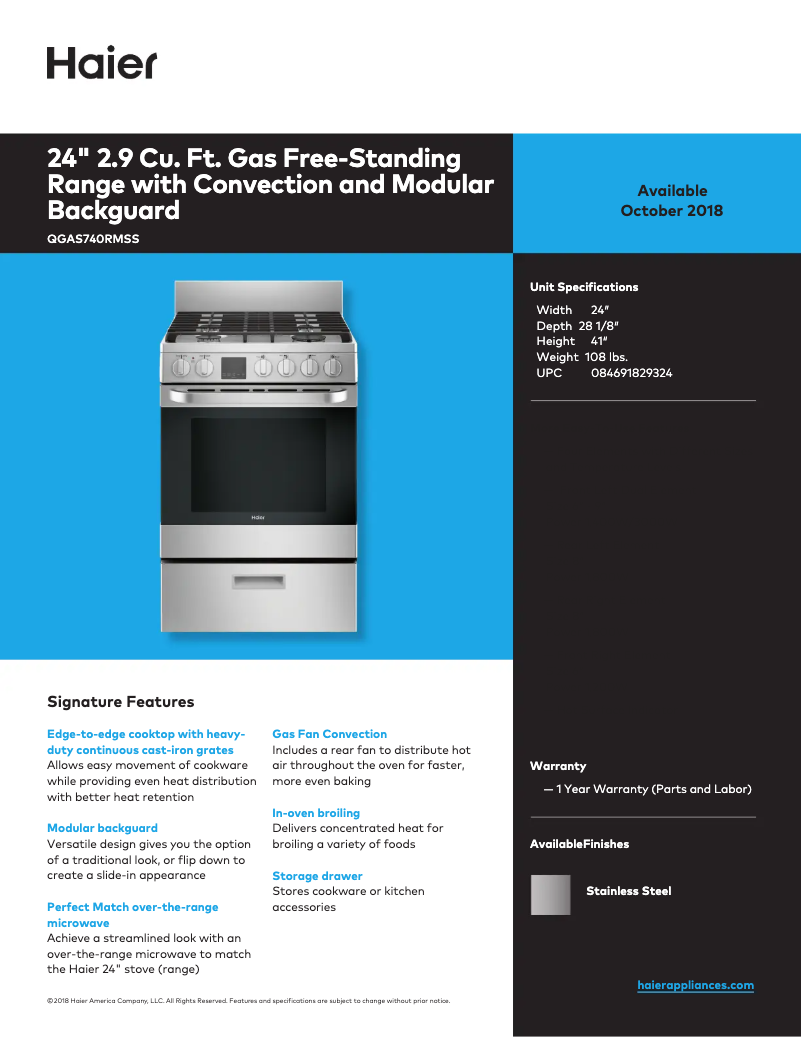 Página 1 del manual Ficha técnica Haier QGAS740RMSS