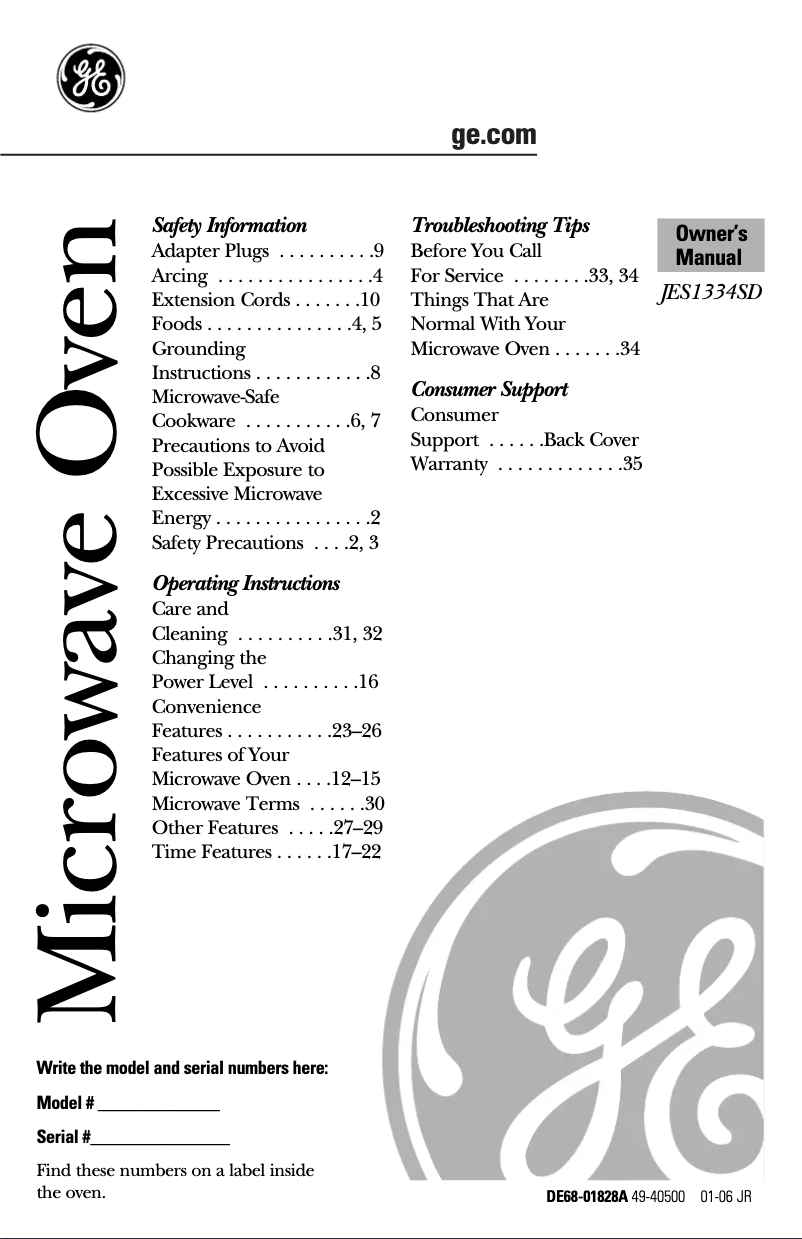 Page n°1 - Manuel utilisateur GE JES1334SD