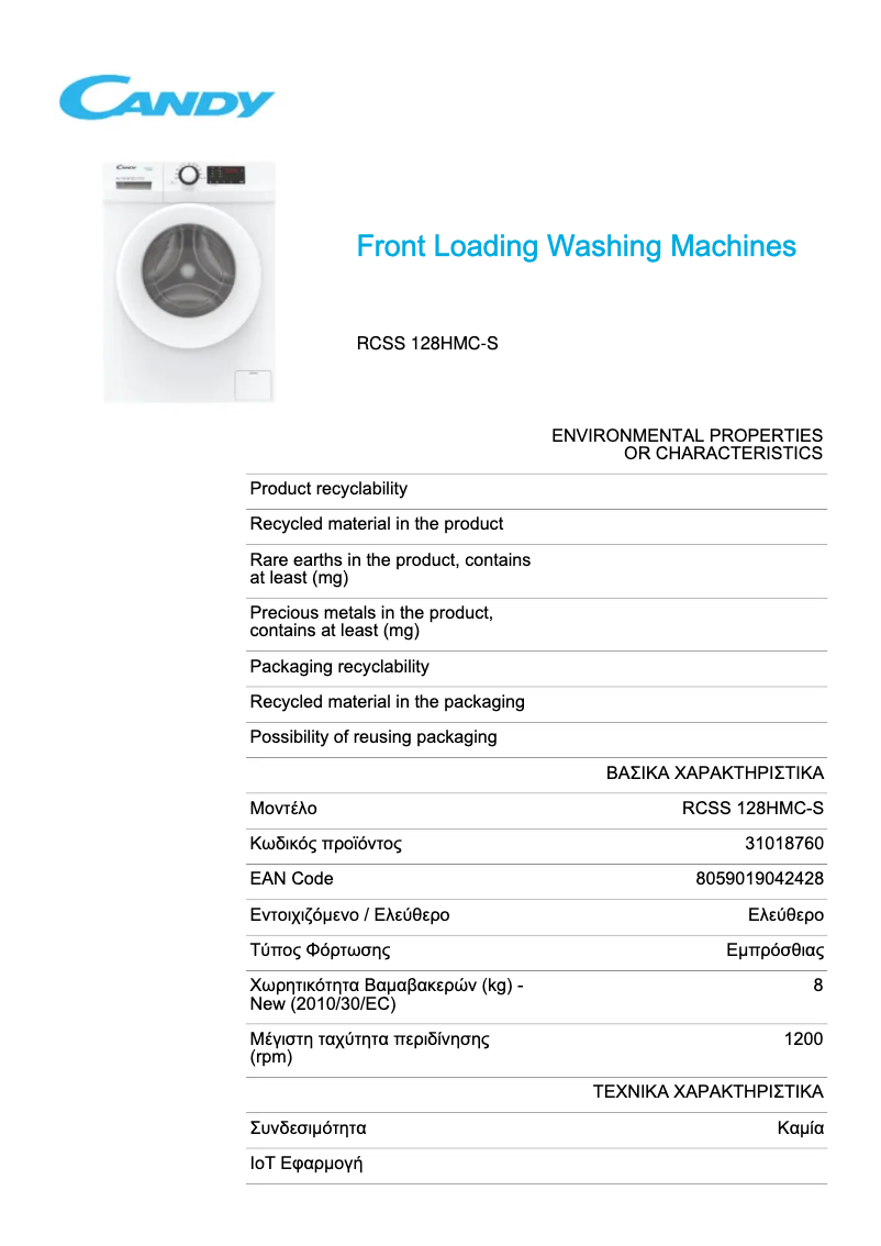 Page 1 de la notice Fiche technique Candy RCSS 128HMC-S