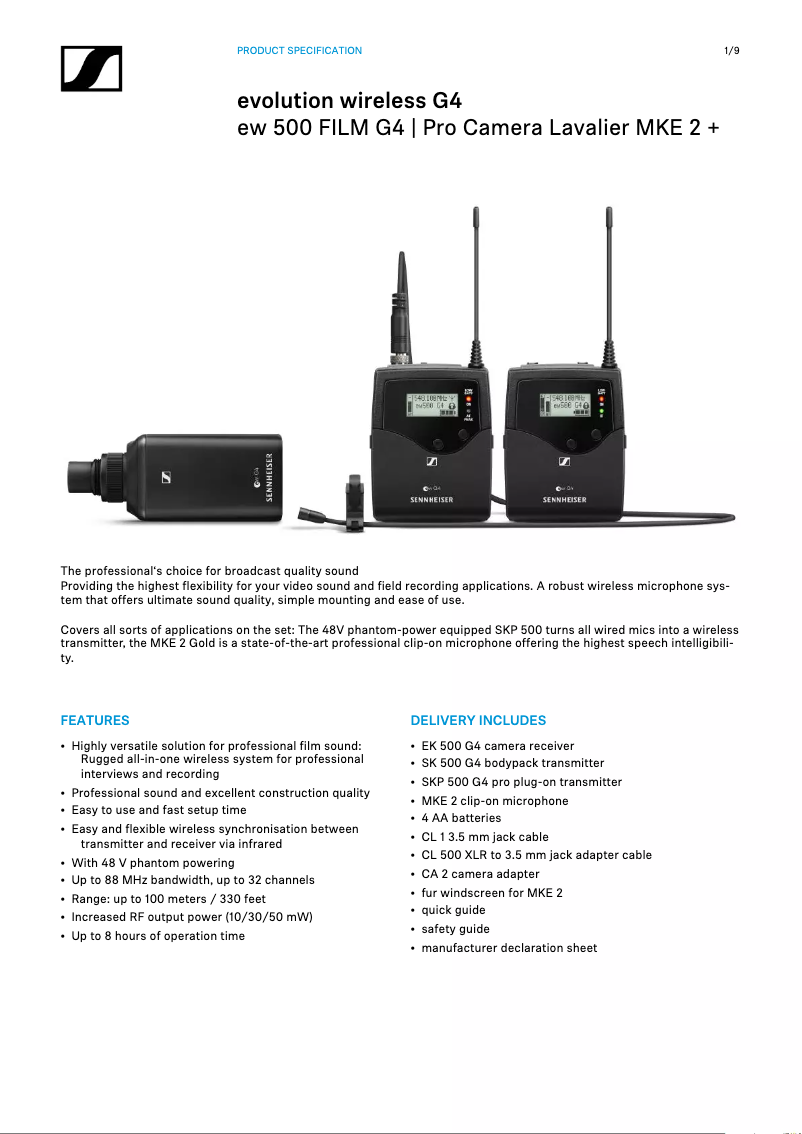 Page 1 de la notice Fiche technique Sennheiser EW 500 FILM G4