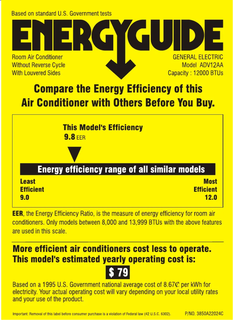 Page 1 de la notice Label énergétique GE ADV12AA