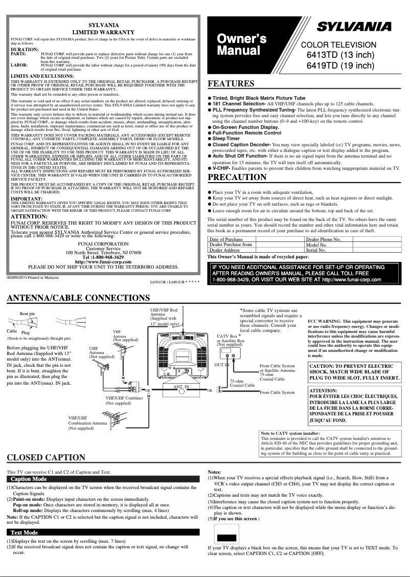 Page n°1 - Manuel utilisateur Sylvania 6413TD