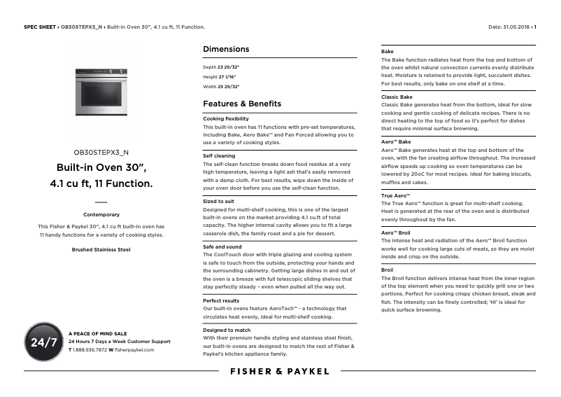 Page 1 de la notice Fiche technique Fisher & Paykel OB30STEPX3N