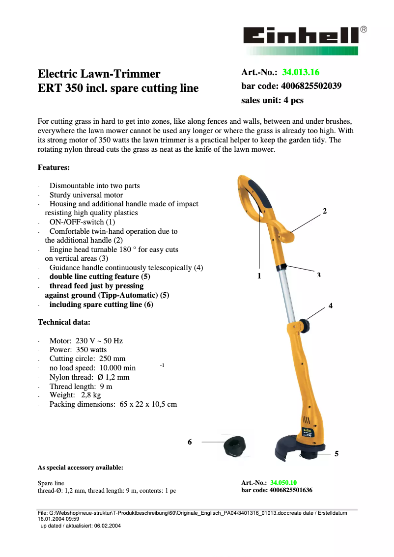 Page n°1 - Fiche technique Einhell ERT 350