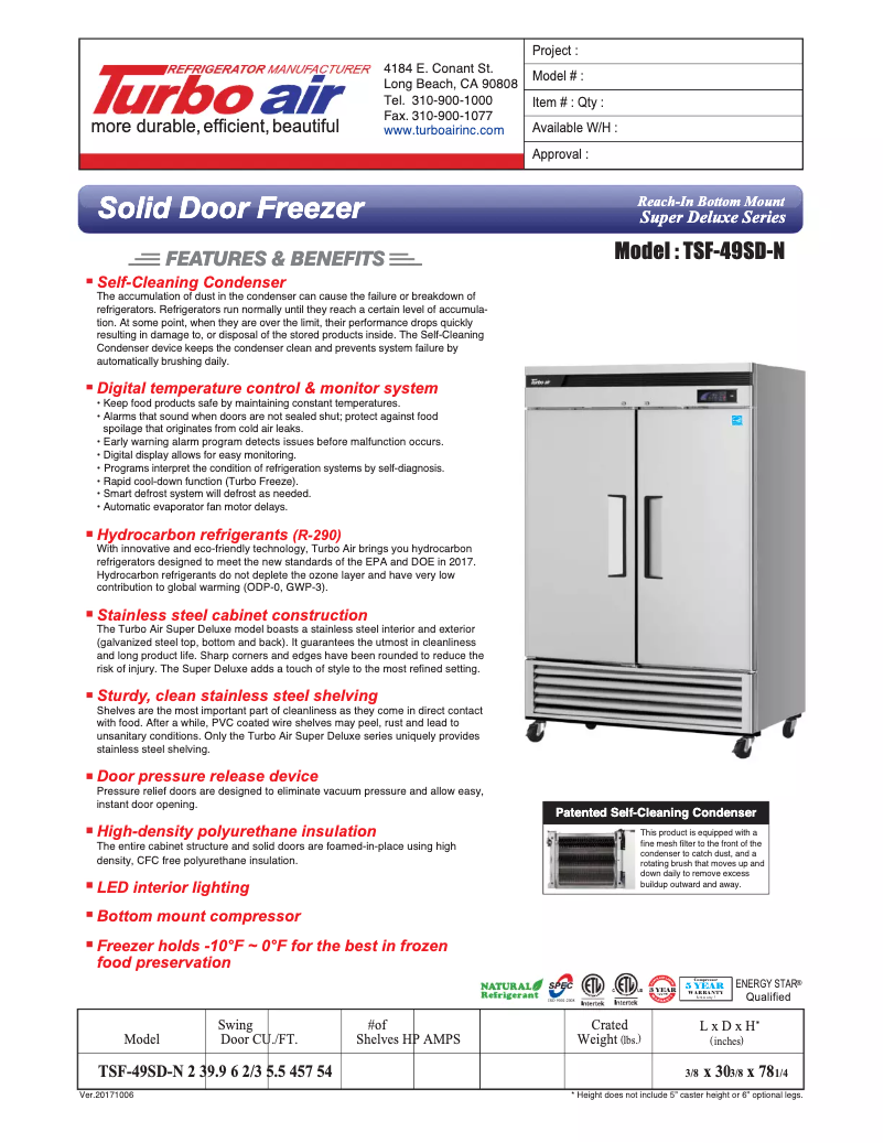 Página 1 del manual Ficha técnica Turbo air TSF-49SD