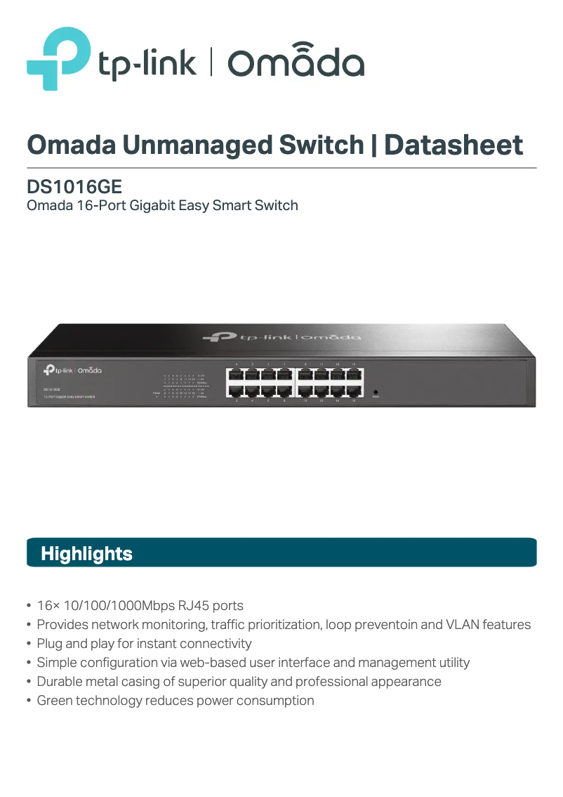 Page 1 de la notice Fiche technique TP-Link Omada DS1016GE