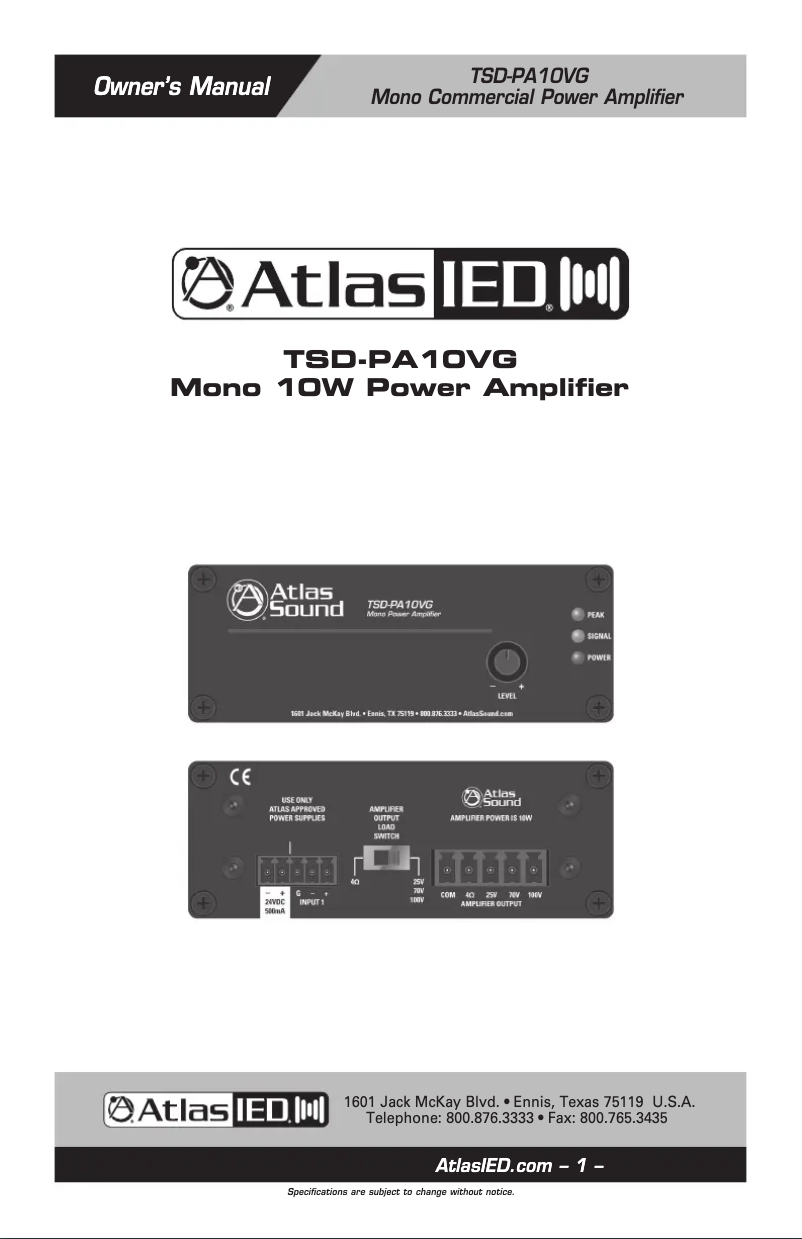 Page n°1 - Manuel utilisateur Atlas Sound TSD-PA10VG