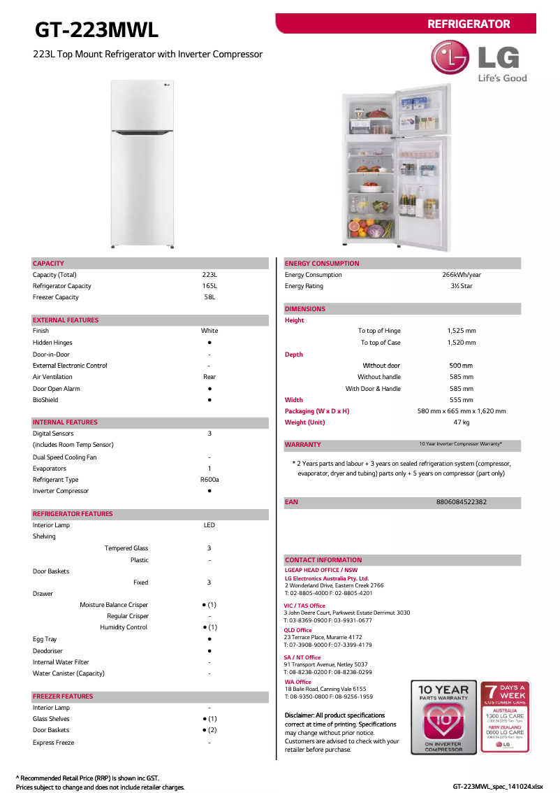 Page n°1 - Fiche technique LG GT-223MWL