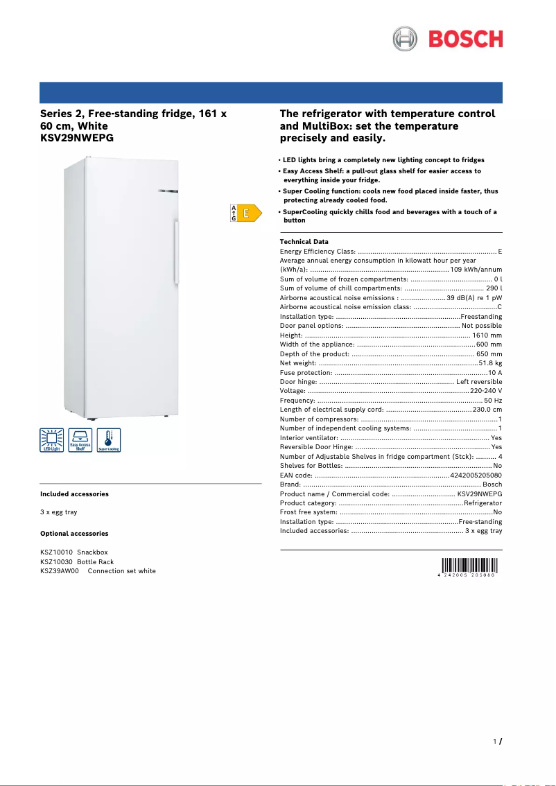 Página 1 del manual Ficha técnica Bosch KSV29NWEPG