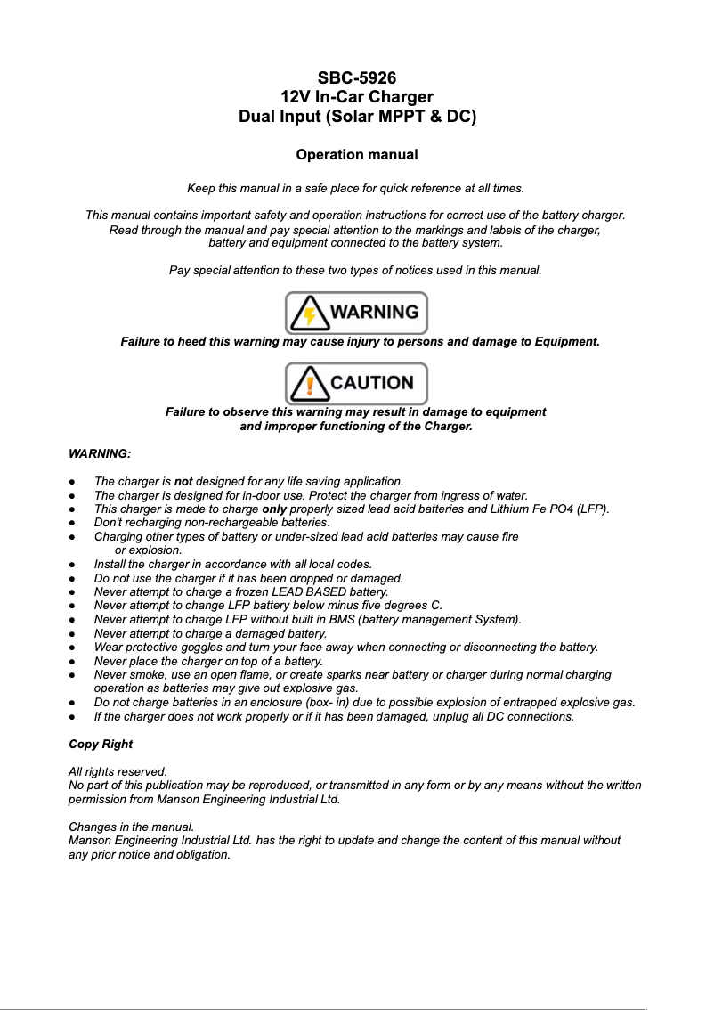 Page 1 de la notice Manuel utilisateur Manson SBC-5926