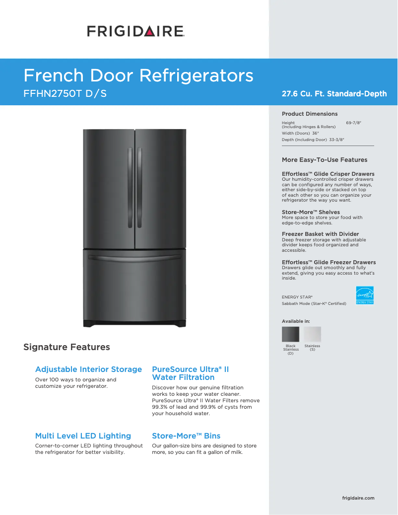 Page 1 de la notice Fiche technique Frigidaire FFHN2750T
