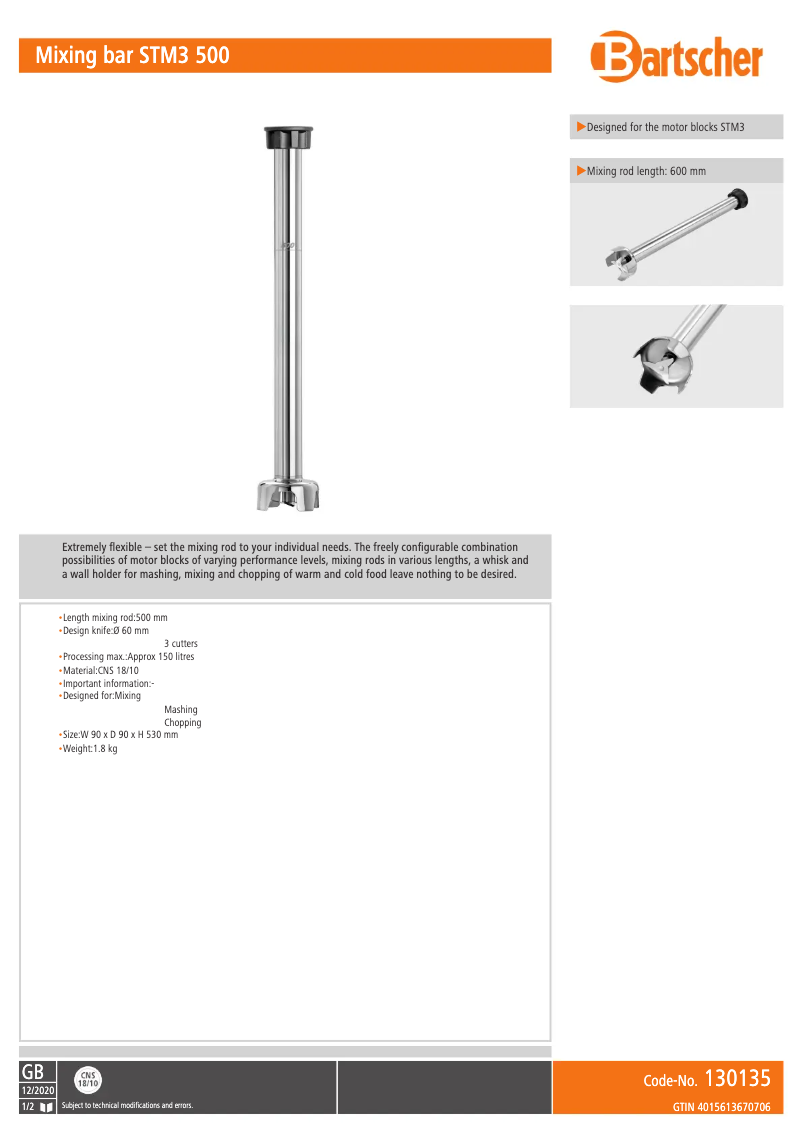 Page 1 de la notice Fiche technique Bartscher STM3 500