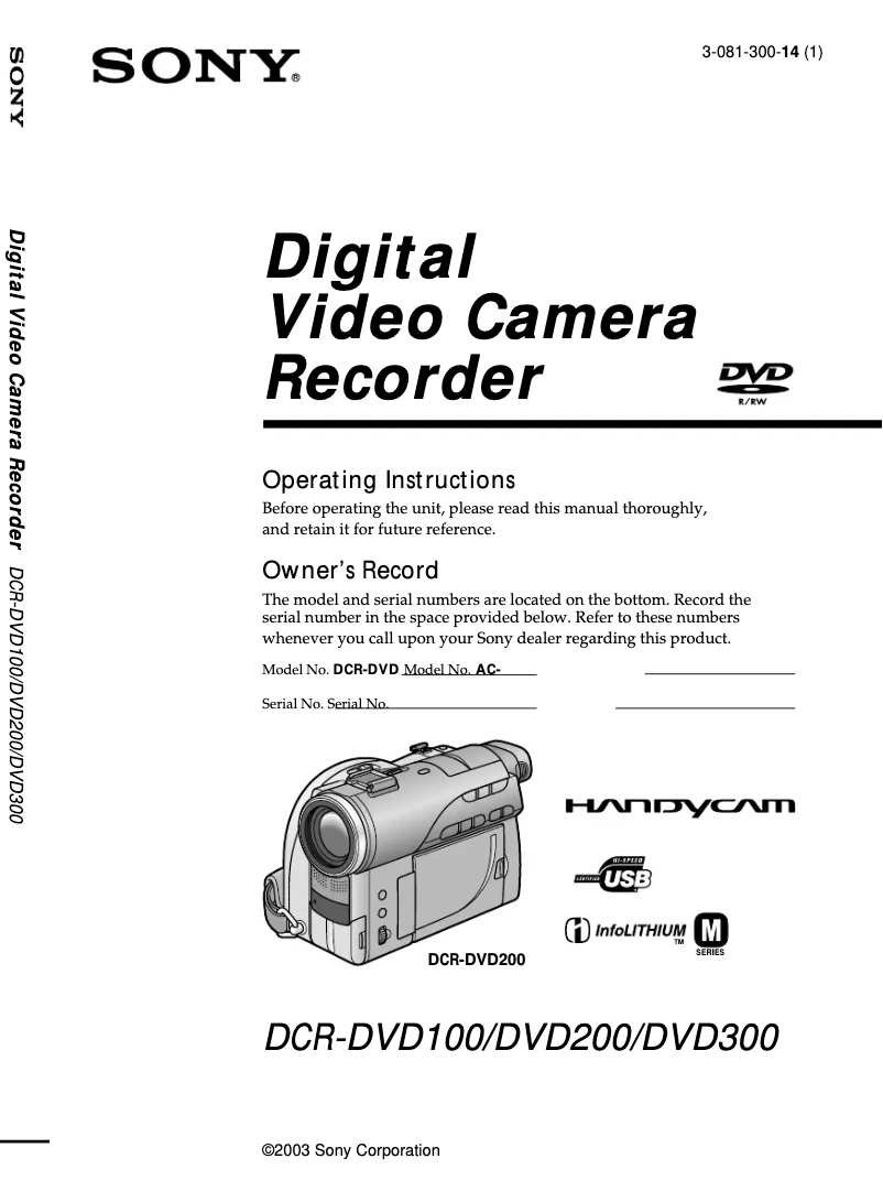 Page n°1 - Manuel utilisateur Sony Handycam DCR-DVD100