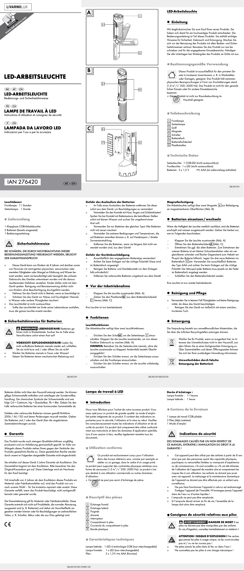 Page 1 de la notice Manuel utilisateur Livarno Lux IAN 276420