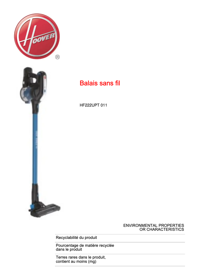 Image de la première page du manuel de l'appareil H-FREE 200 HF222UPT 011