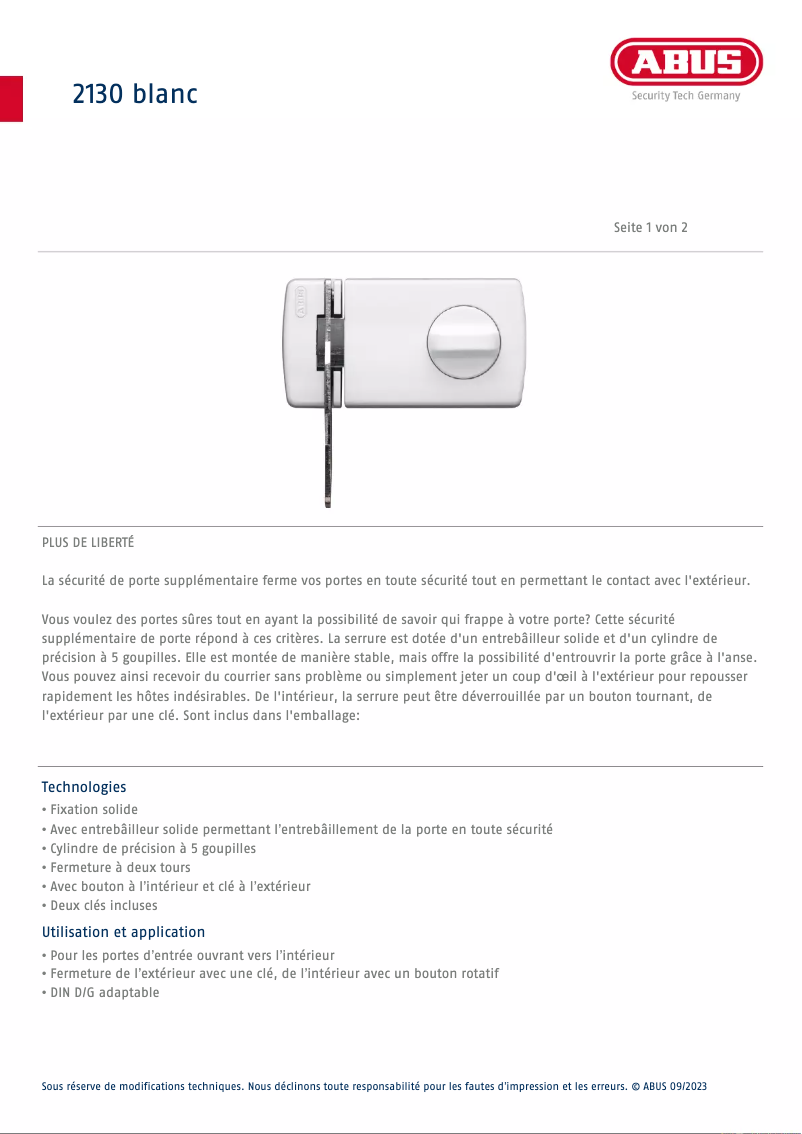 Page n°1 - Fiche technique Abus 2130