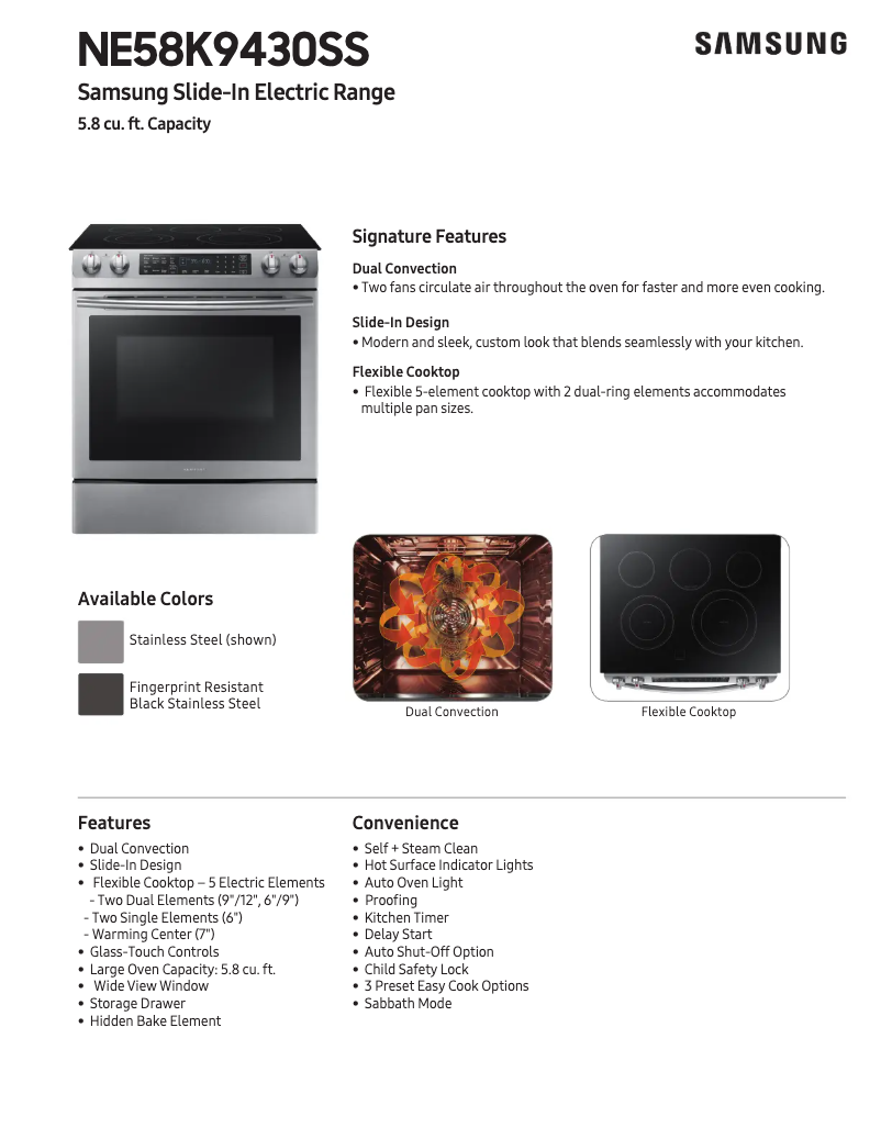 Page 1 de la notice Fiche technique Samsung NE58N9430SG
