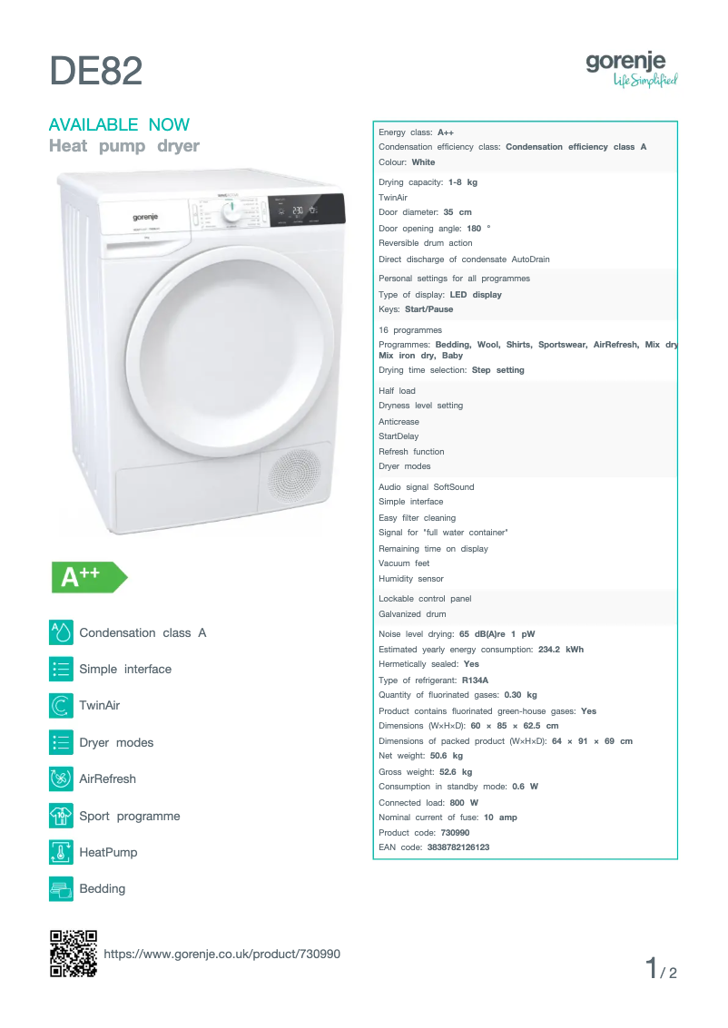 Page 1 de la notice Fiche technique Gorenje DE82