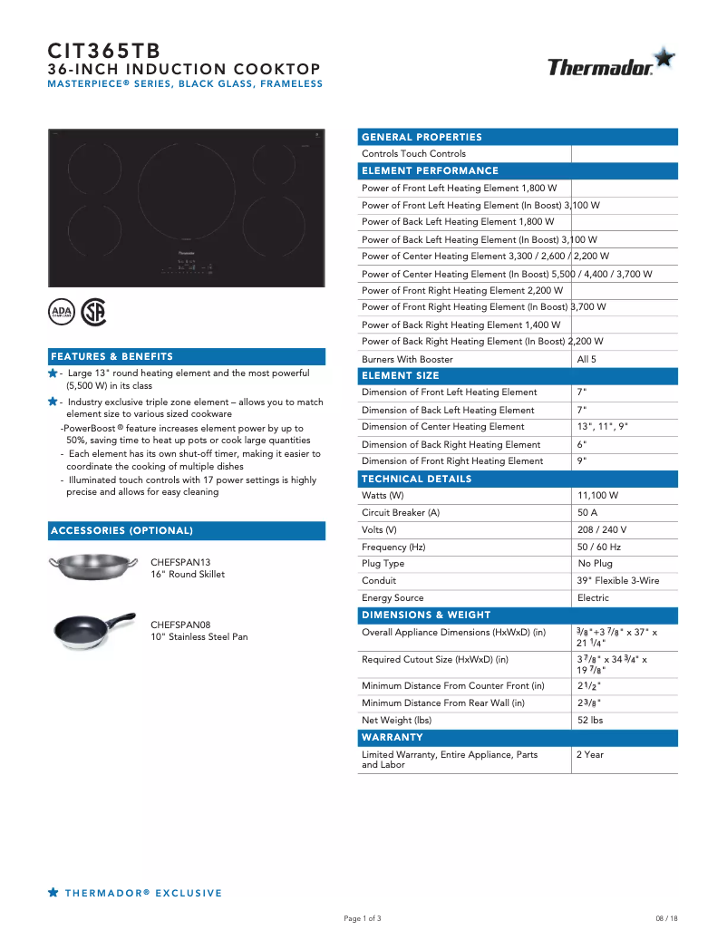 Page 1 de la notice Fiche technique Thermador CIT365TB