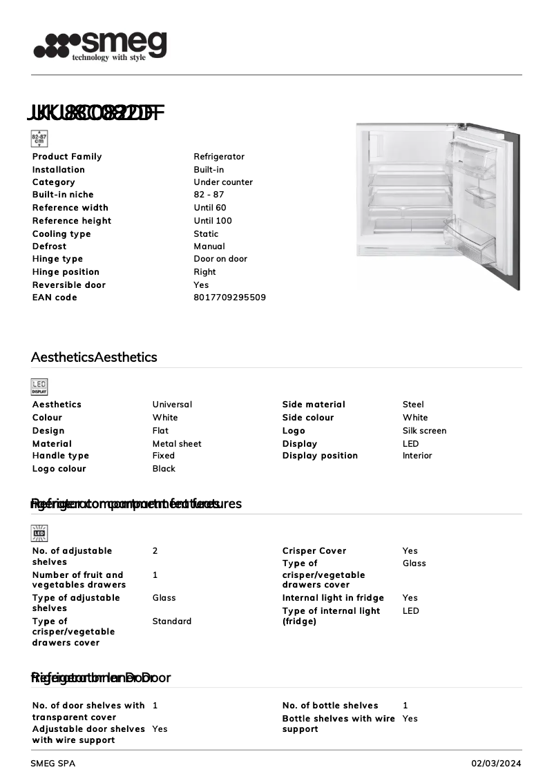 Page 1 de la notice Fiche technique Smeg UKU8C082DF