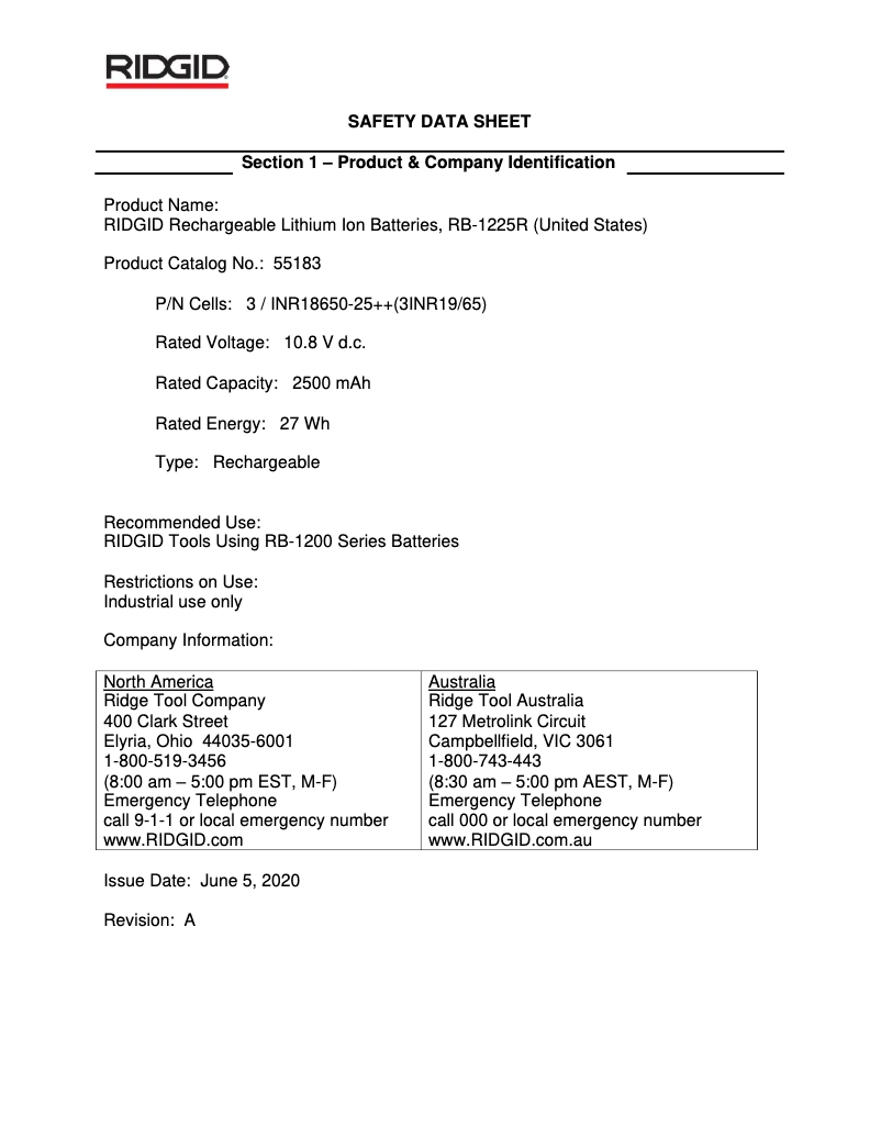 Page 1 de la notice Fiche technique Ridgid micro CA-350