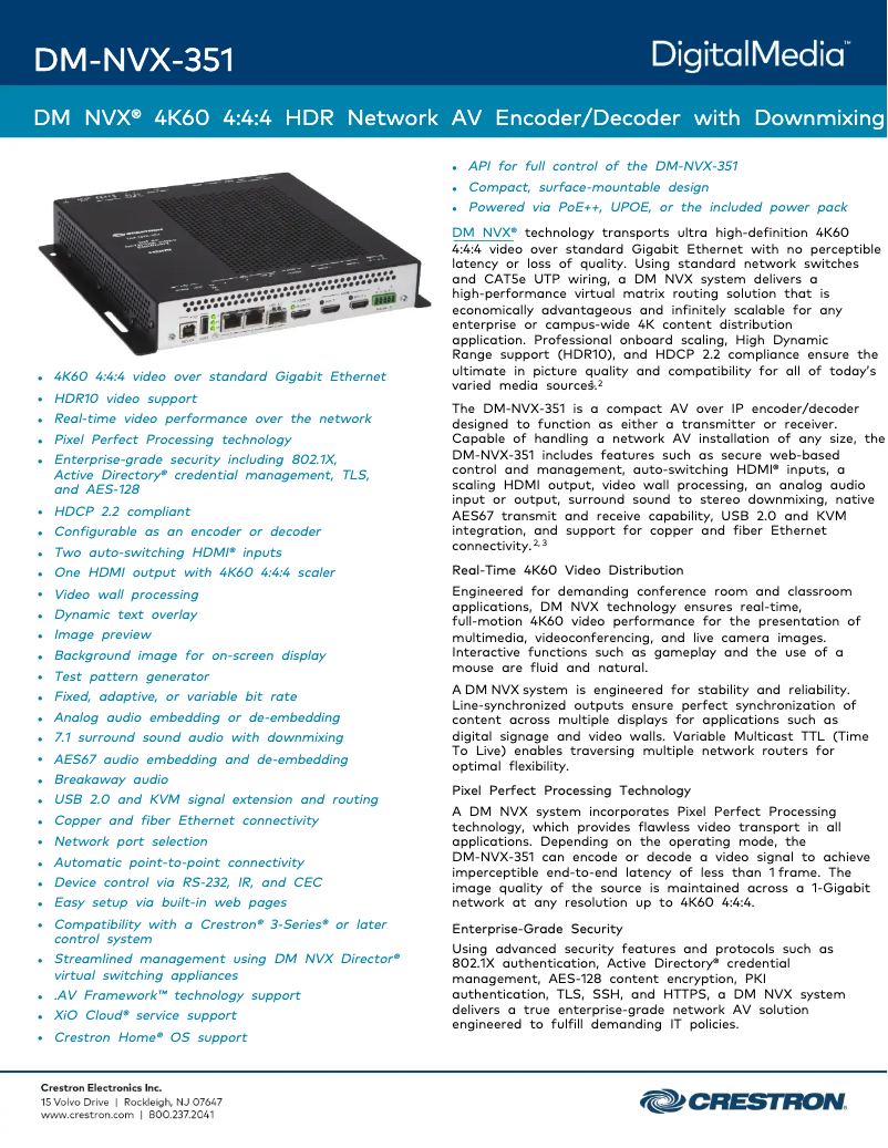 Page 1 de la notice Fiche technique Crestron DM-NVX-351