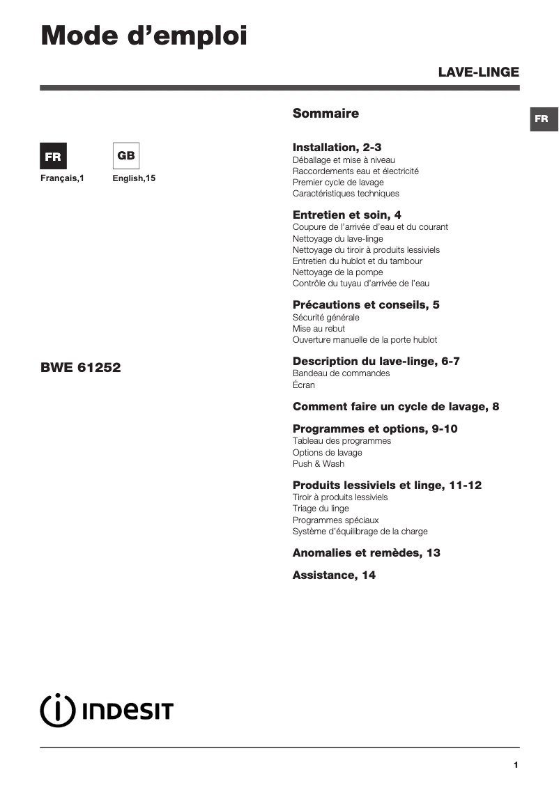 Page 1 de la notice Manuel utilisateur Indesit BWE 61252 W FR