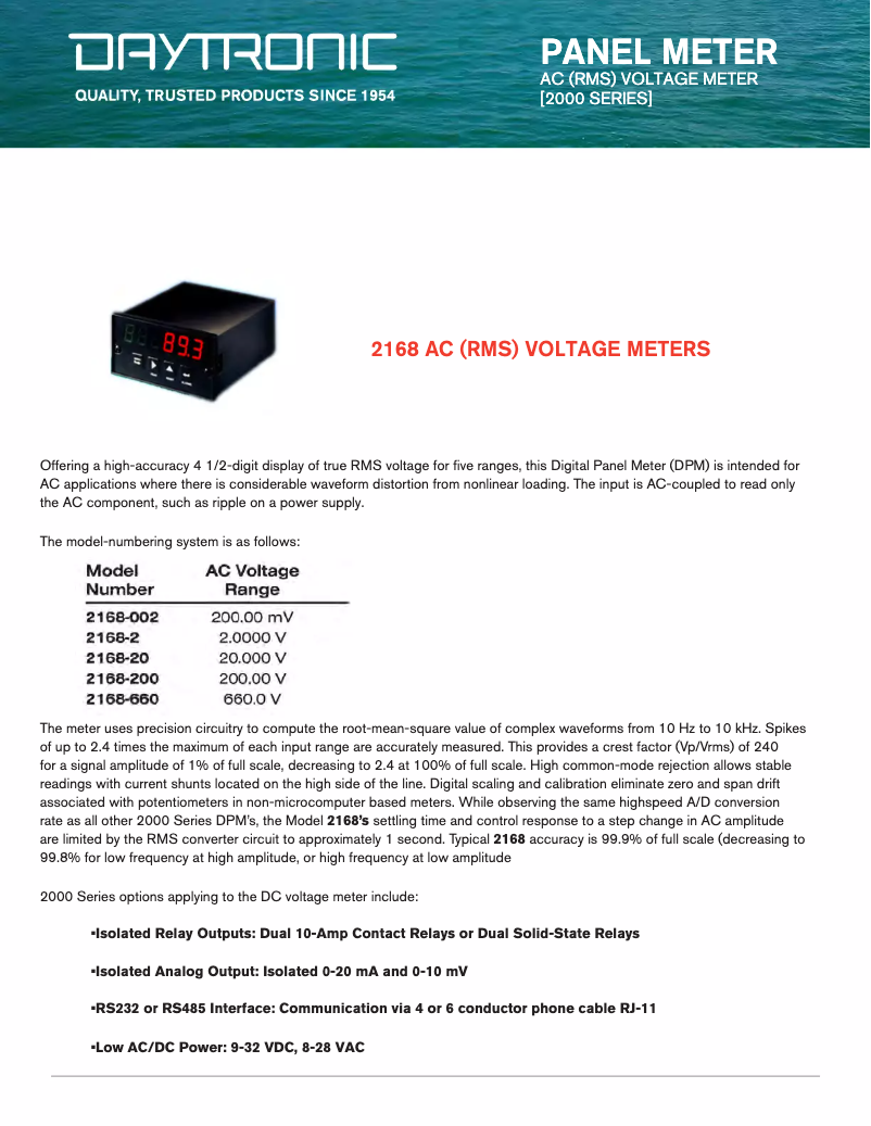 Page 1 de la notice Fiche technique Daytronic 2168-20