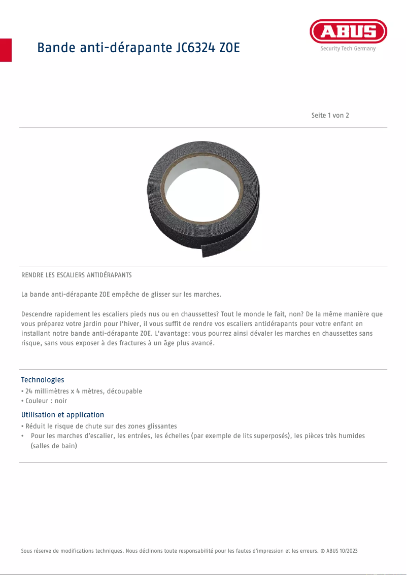 Page 1 de la notice Fiche technique Abus JC6324 ZOE