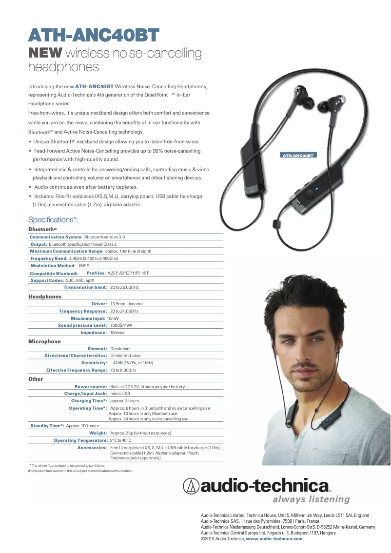 Page 1 de la notice Manuel utilisateur Audio-Technica ATH-ANC40BT QuietPoint