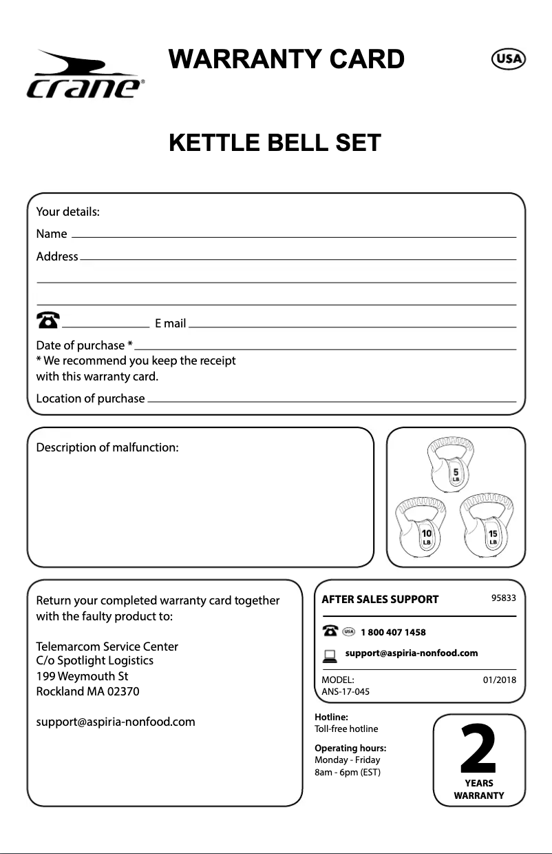 Page 1 de la notice Manuel utilisateur Crane Kettle Bell Set ANS-17-045