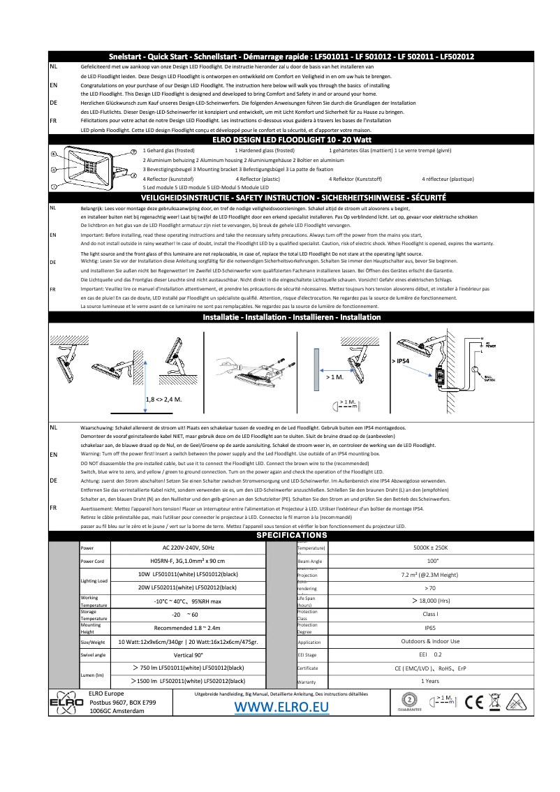 Page 1 de la notice Manuel utilisateur Elro LF501011