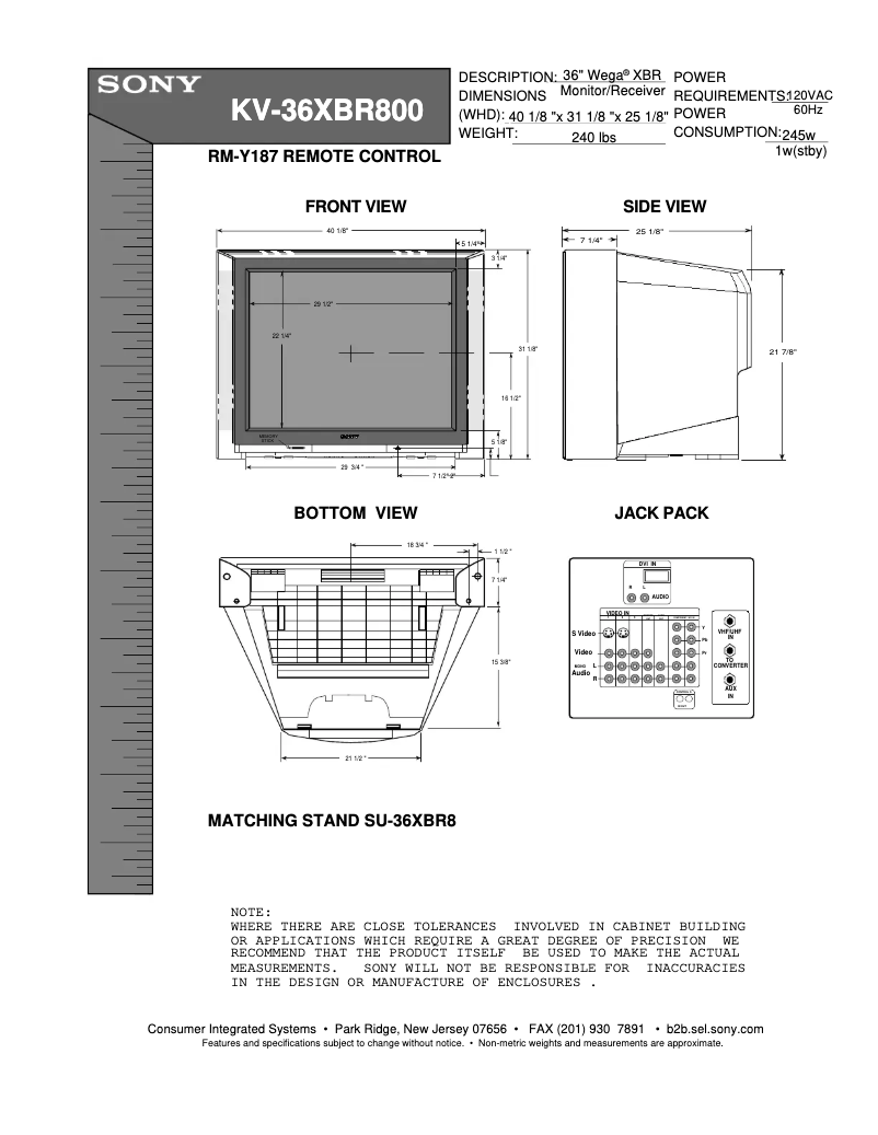 Page 1 de la notice Guide d'installation Sony KV-36XBR800