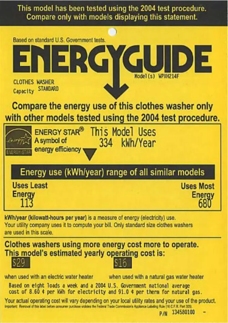 Page 1 de la notice Label énergétique GE Profile WPXH214FWW