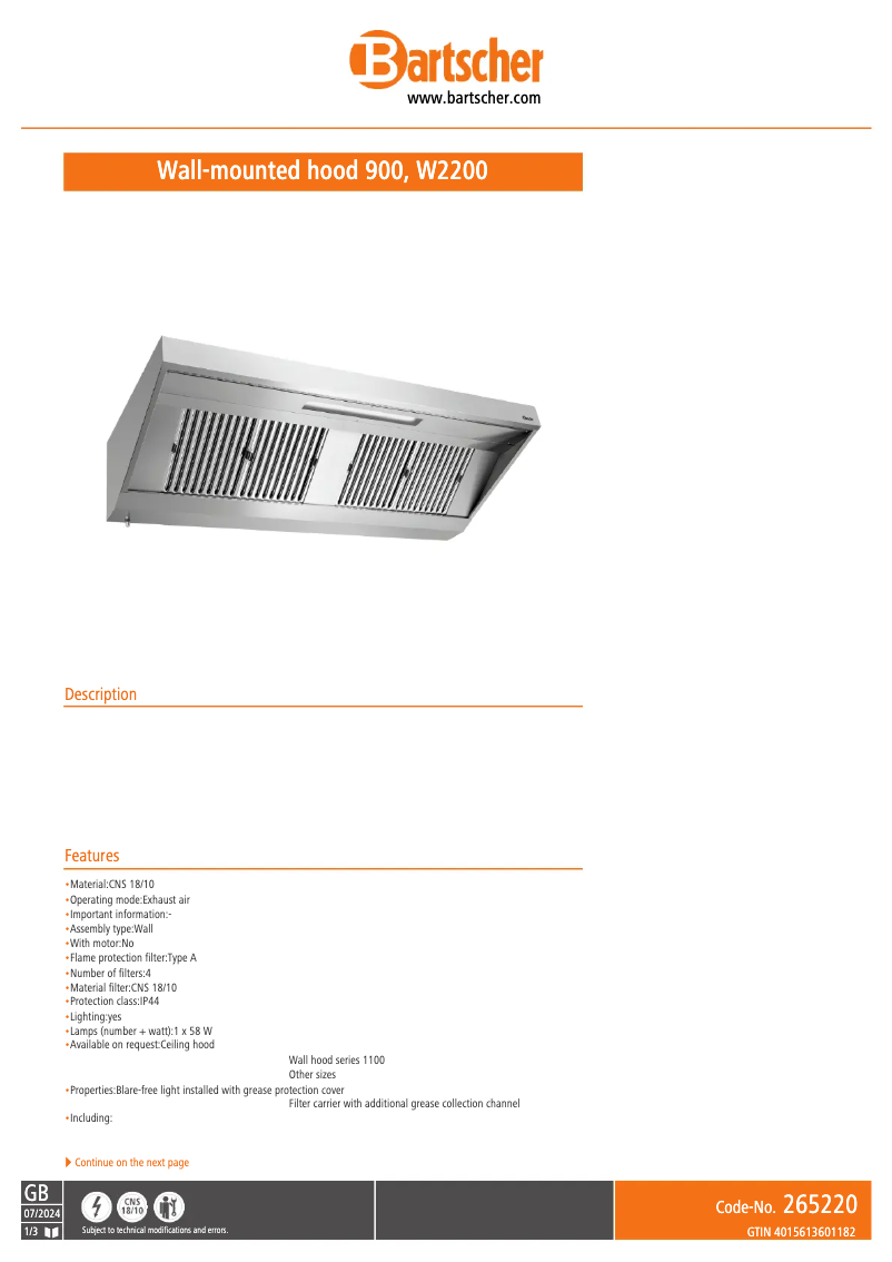 Page n°1 - Fiche technique Bartscher 265220