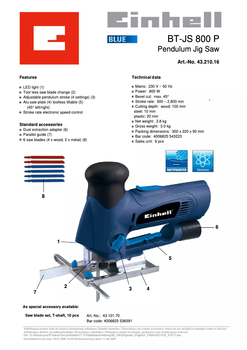 Page 1 de la notice Manuel utilisateur Einhell Bavaria BT-JS 800 P