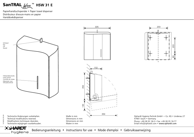 Página 1 del manual Manual de usuario Ophardt SanTRAL Wave HSW 31 E
