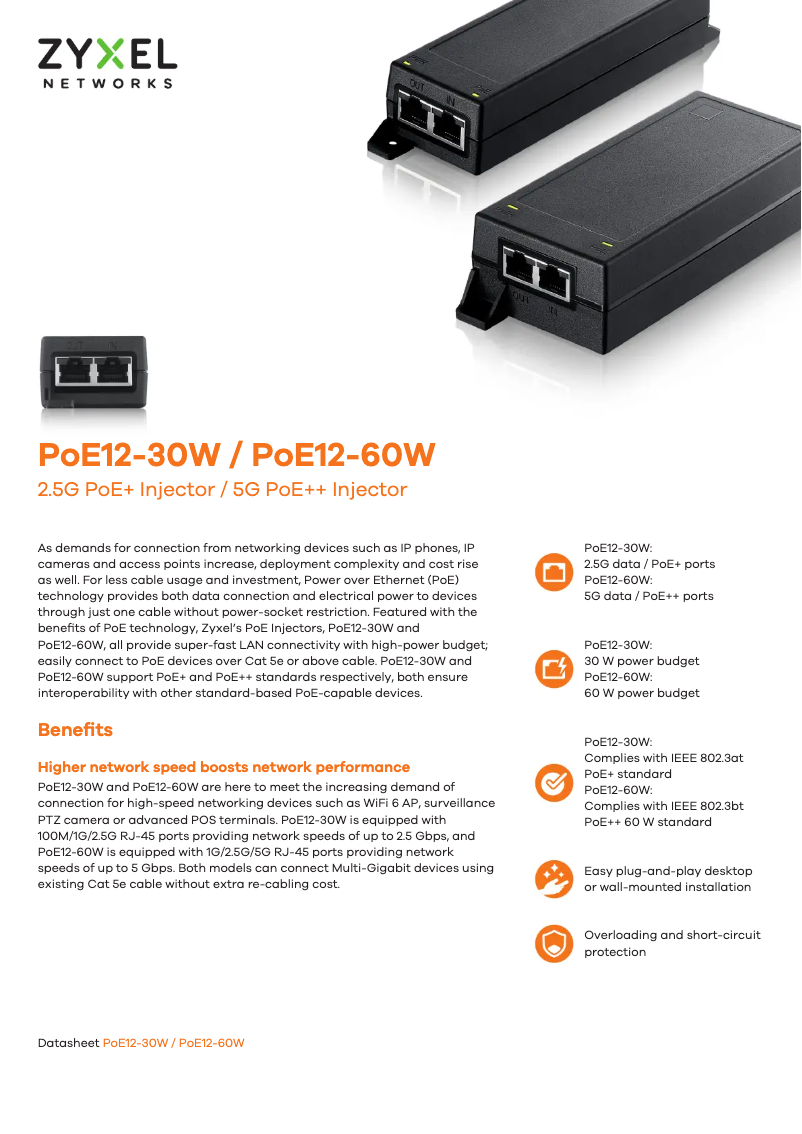 Page 1 de la notice Fiche technique ZyXEL PoE12-60W