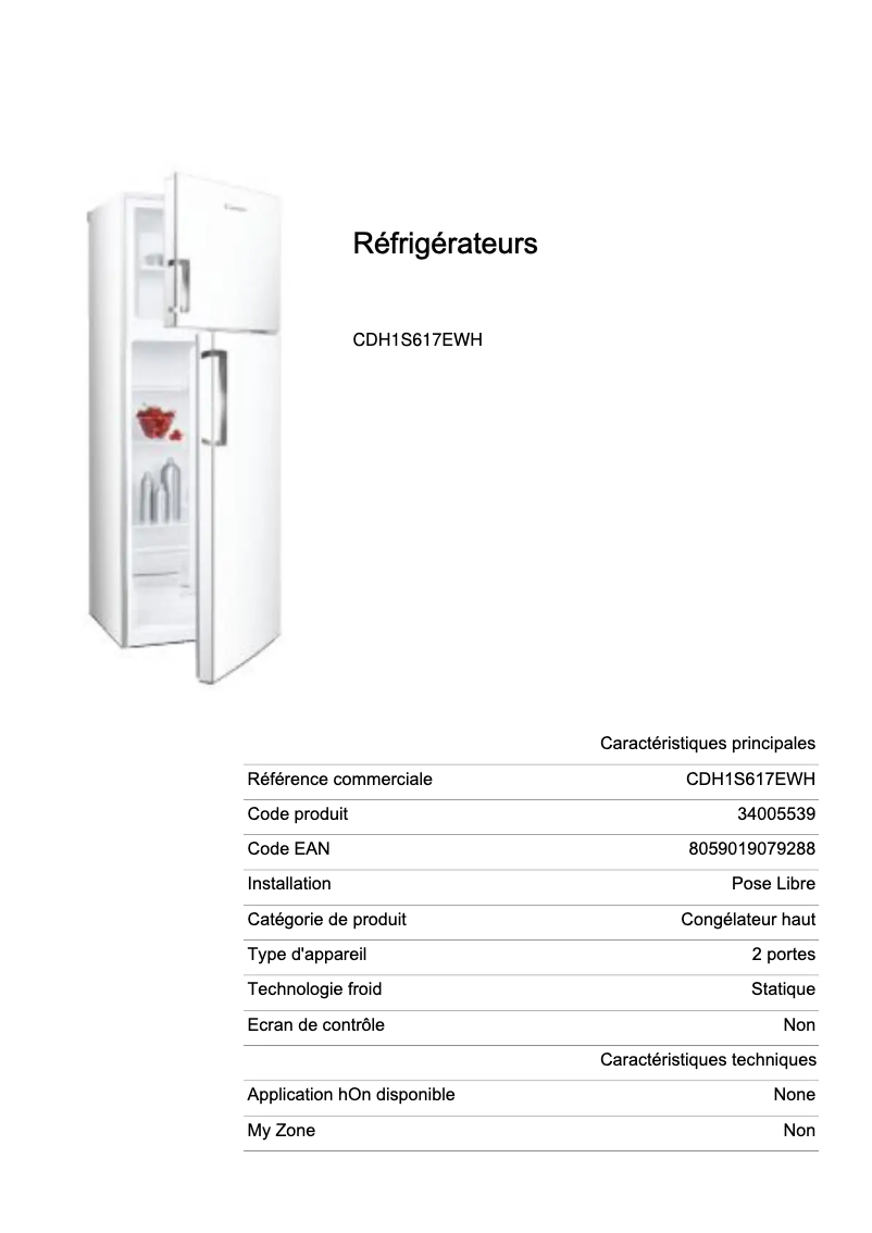 Page 1 de la notice Fiche technique Candy CDH1S617EWH