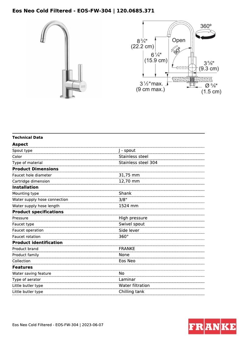 Page 1 of the manual Technical Sheet Franke EOS-FW-304
