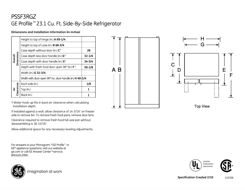 Page n°1 - Fiche technique GE PSSF3RGZWW