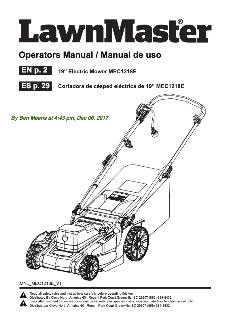 Page n°1 - Manuel utilisateur LawnMaster MEC1218E
